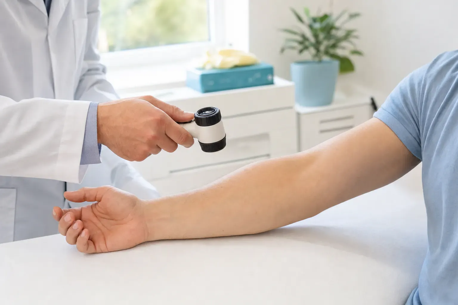 Zdravnik drži ročni dermatoskop nad podlahtjo sedečega pacienta v svetli ambulanti.
