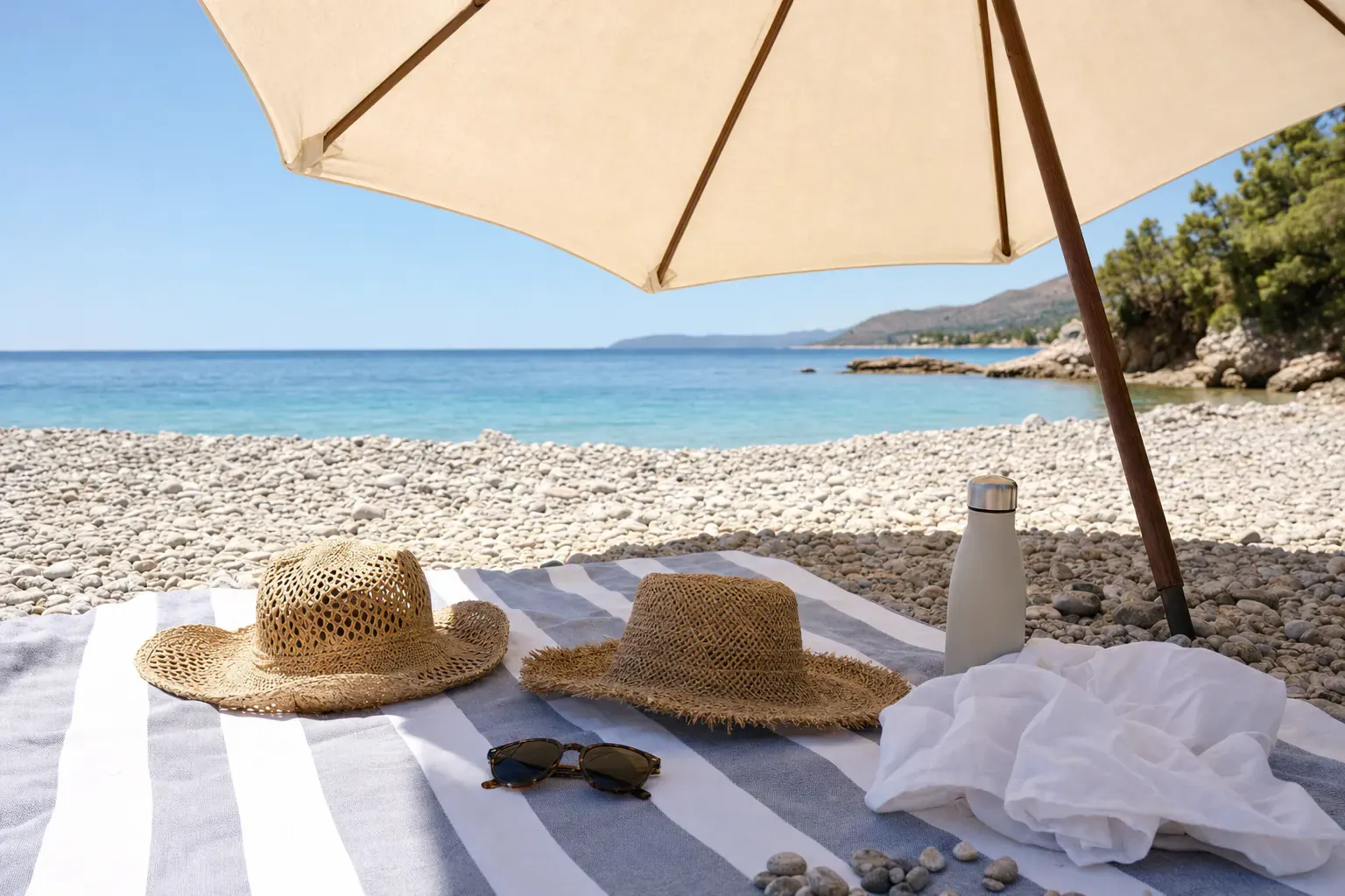 Pod senčnikom na plaži ležijo slamnata klobuka, sončna očala in srajca, ob njih steklenica vode.