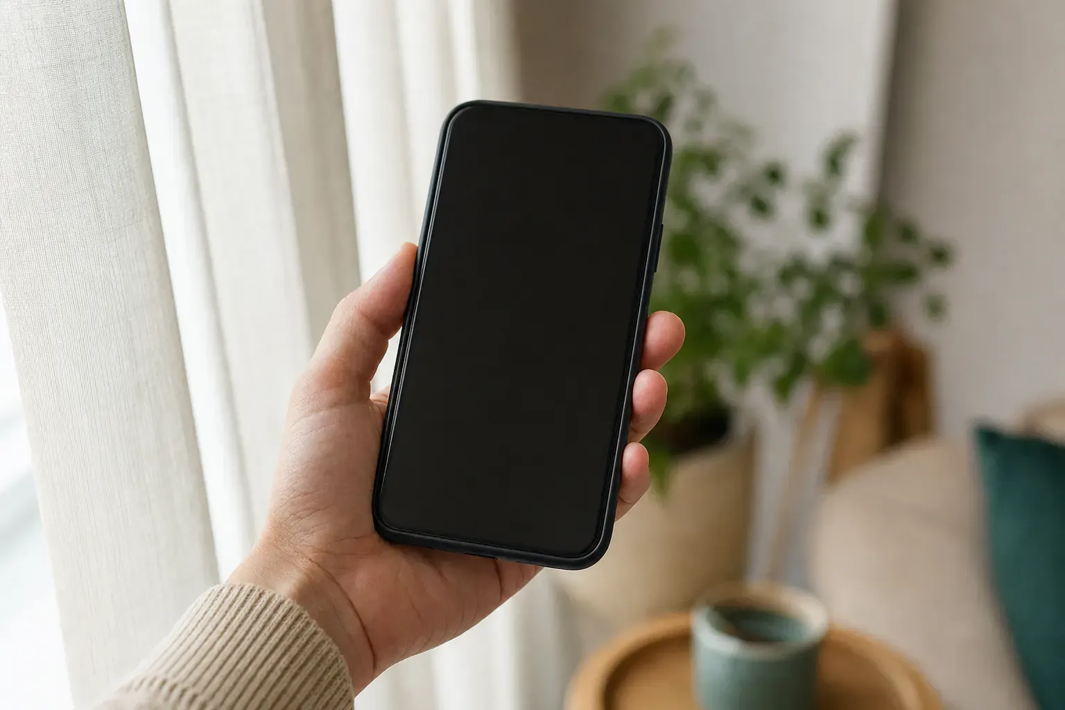 Roka drži pametni telefon s temnim, praznim zaslonom ob oknu.